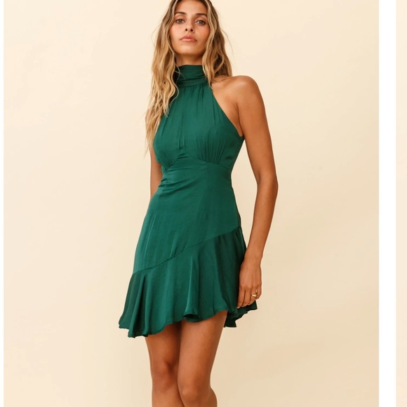 Selfie Leslie hunter green  promises halter necklace fluted hem dress Size Large - Picture 11 of 14